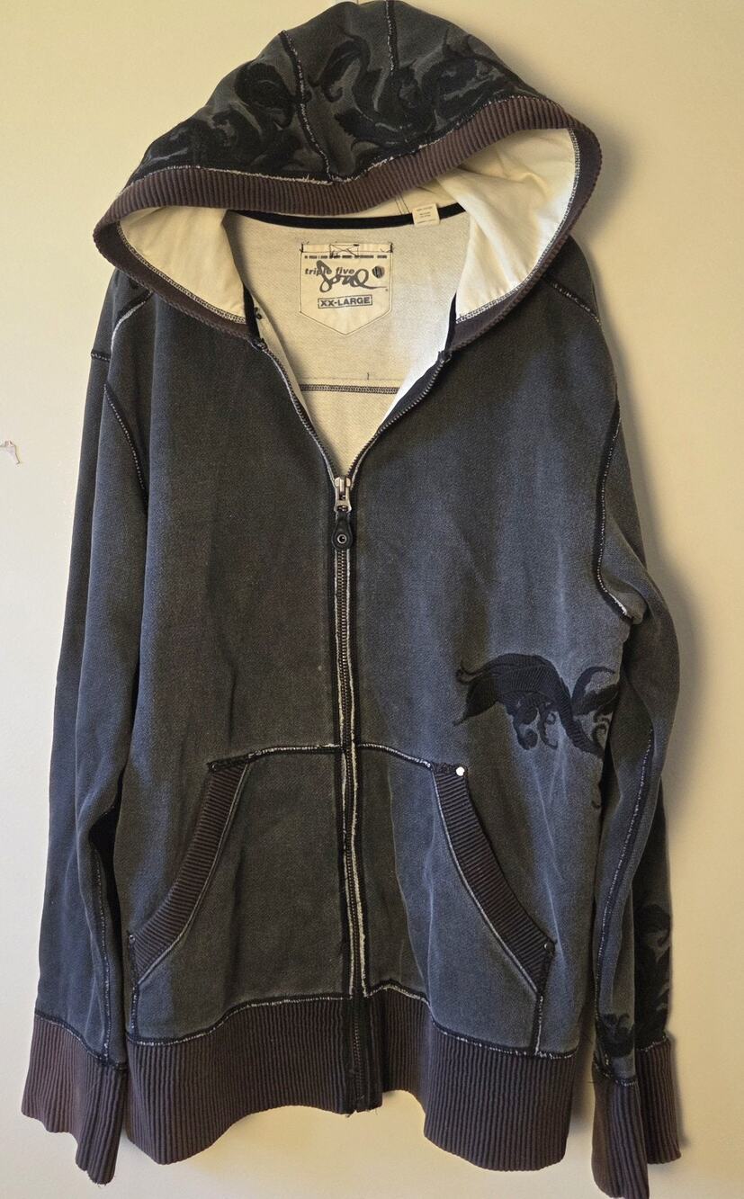Triple Five Soul Heavyweight Gray Distressed Zip Hoodie Size XXL Appliqués Y2K